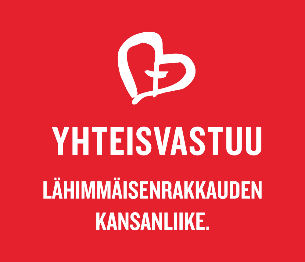 Punaisella pohjalla valkoinen Yhteisvastuu-logo ja teksti: Yhteisvastuu, lähimmäisenrakkauden kansanliike.